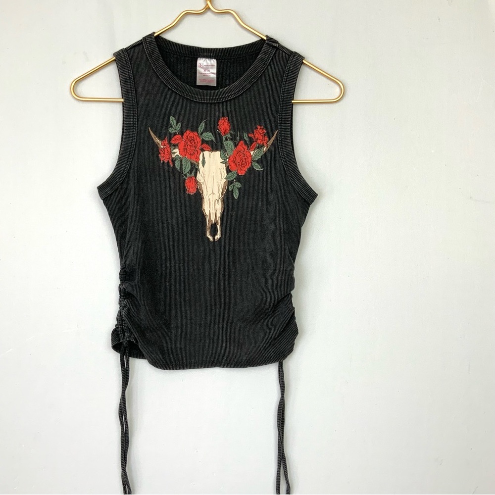 No Boundaries Sz XS Dark Gray Skull Rose Lace Up Ruched Sides Tank Top Y2K 90s